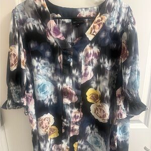 Jones New York Black Floral Blouse with Pastel Roses